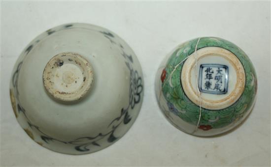 A Chinese doucai cup and a Ming blue and white cup, 16th century or later, 5.5cm & 7.6cm, some damage